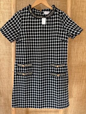 Classic Black & White Tweed Shift Dress with Shimmer